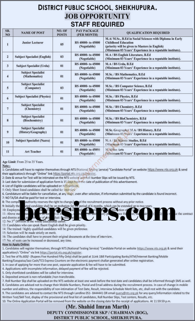 District Public School Sheikhupura Jobs 2026